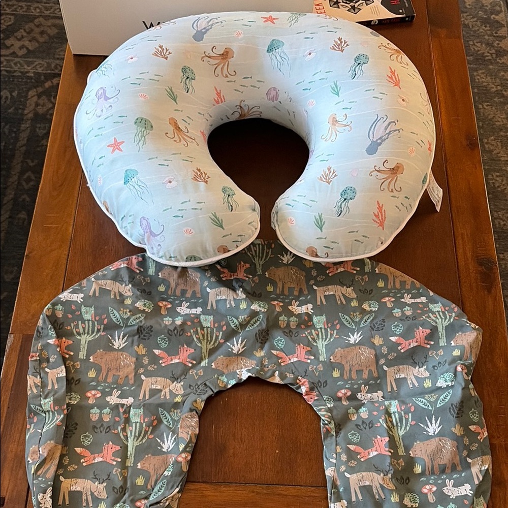 Boppy Nursing Pillow with 2 Covers in Light Blue Sea Life & Gray Forest Prints